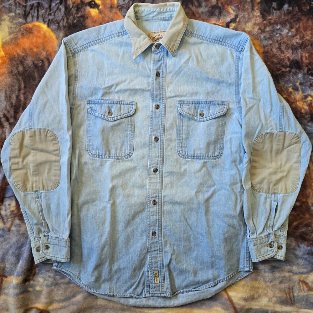 Vintage Woolrich 90s Rugged Outdoors Blue Denim Acid Wash Button Up sz Medium